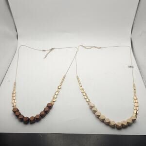 Lot 2 Faceted Wood Bead Statement Necklaces Gold Tone Brown Beige Boho Set